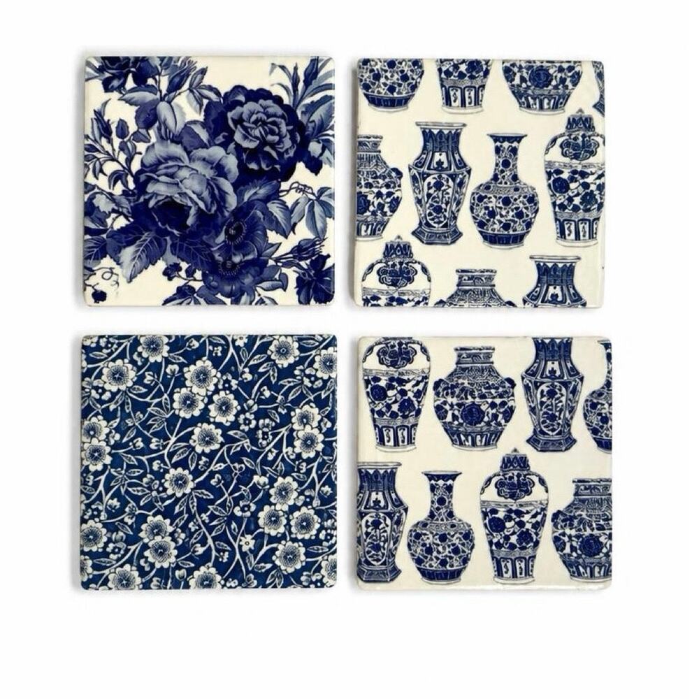 Blue & White Chinoiserie Coaster | Ginger Jar Floral Grandmillennial Coaster Set - Picture 3 of 4